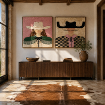 Pink Fringe Crosses Checks - checked cowgirl portrait by Elliot Vale, modern figurative set of 2 wall art - styled room scene view 1