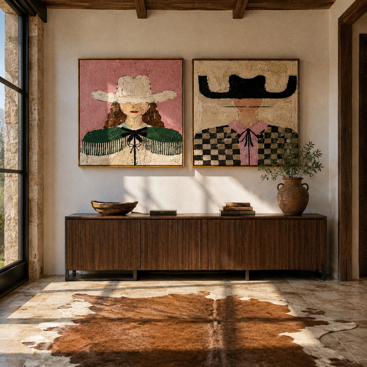 Pink Fringe Crosses Checks - checked cowgirl portrait by Elliot Vale, modern figurative set of 2 wall art - styled room scene view 1