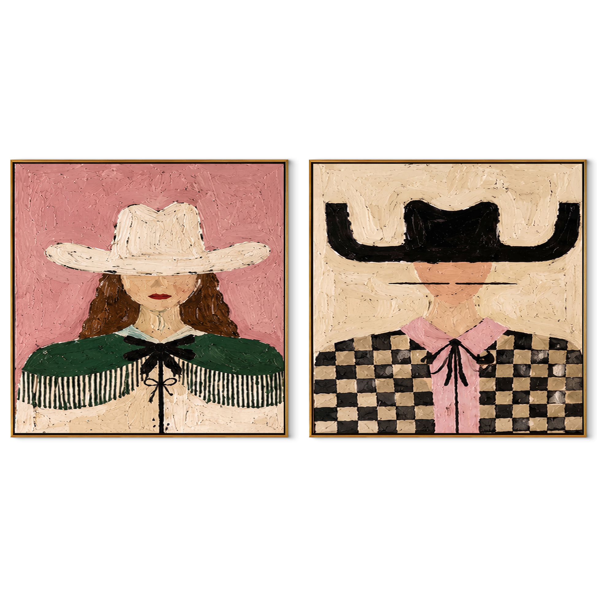 Pink Fringe Crosses Checks - checked cowgirl portrait by Elliot Vale, modern figurative set of 2 wall art - complete two-panel artwork set on white background