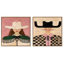 Pink Fringe Crosses Checks - checked cowgirl portrait by Elliot Vale, modern figurative set of 2 wall art - complete two-panel artwork set on white background