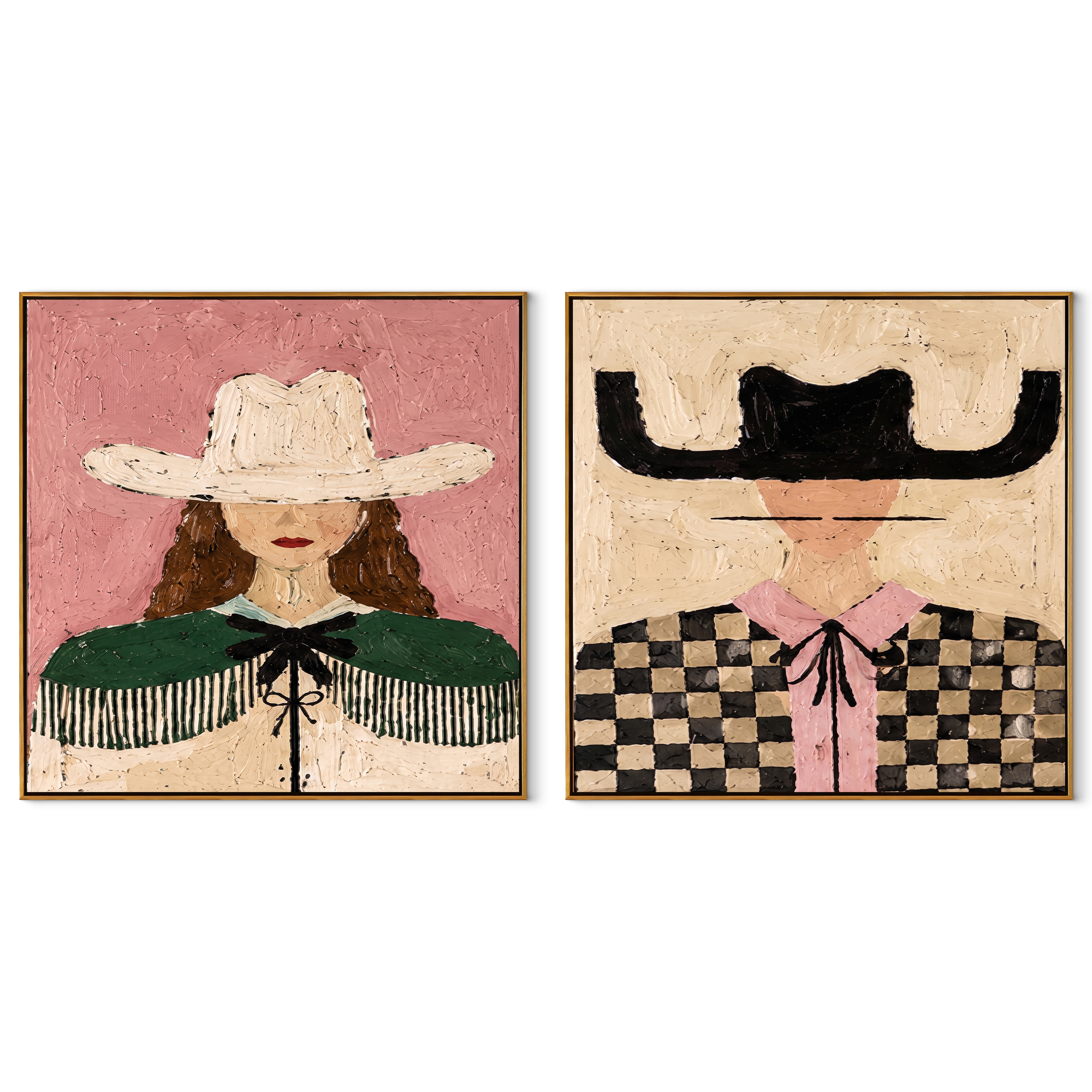 Pink Fringe Crosses Checks - checked cowgirl portrait by Elliot Vale, modern figurative set of 2 wall art - complete two-panel artwork set on white background