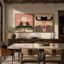 Pink Fringe Crosses Checks - checked cowgirl portrait by Elliot Vale, modern figurative set of 2 wall art - styled room scene view 2