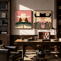 Pink Fringe Crosses Checks - checked cowgirl portrait by Elliot Vale, modern figurative set of 2 wall art - styled room scene view 3