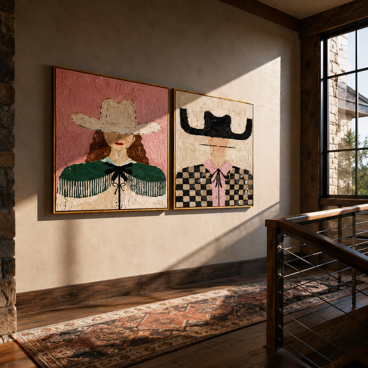 Pink Fringe Crosses Checks - checked cowgirl portrait by Elliot Vale, modern figurative set of 2 wall art - styled room scene view 4