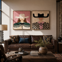 Pink Fringe Crosses Checks - checked cowgirl portrait by Elliot Vale, modern figurative set of 2 wall art - styled room scene view 5