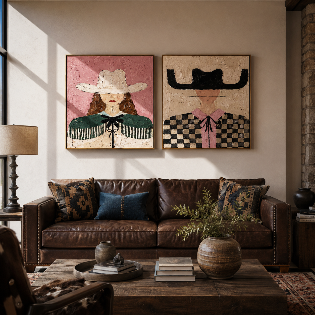 Pink Fringe Crosses Checks - checked cowgirl portrait by Elliot Vale, modern figurative set of 2 wall art - styled room scene view 5