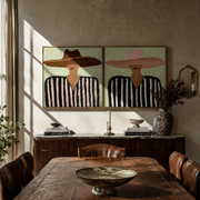 Brown Brims Echo Rose - striped sombrero man by Elliot Vale, modern figurative set of 2 wall art - styled room scene view 1