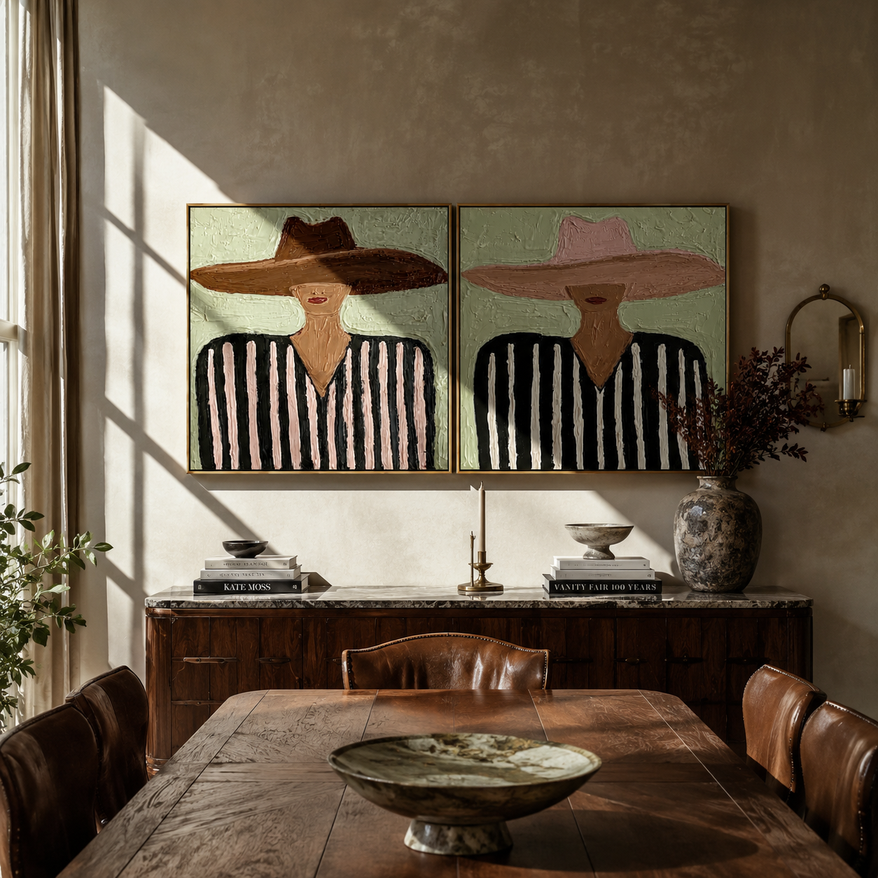 Brown Brims Echo Rose - striped sombrero man by Elliot Vale, modern figurative set of 2 wall art - styled room scene view 1