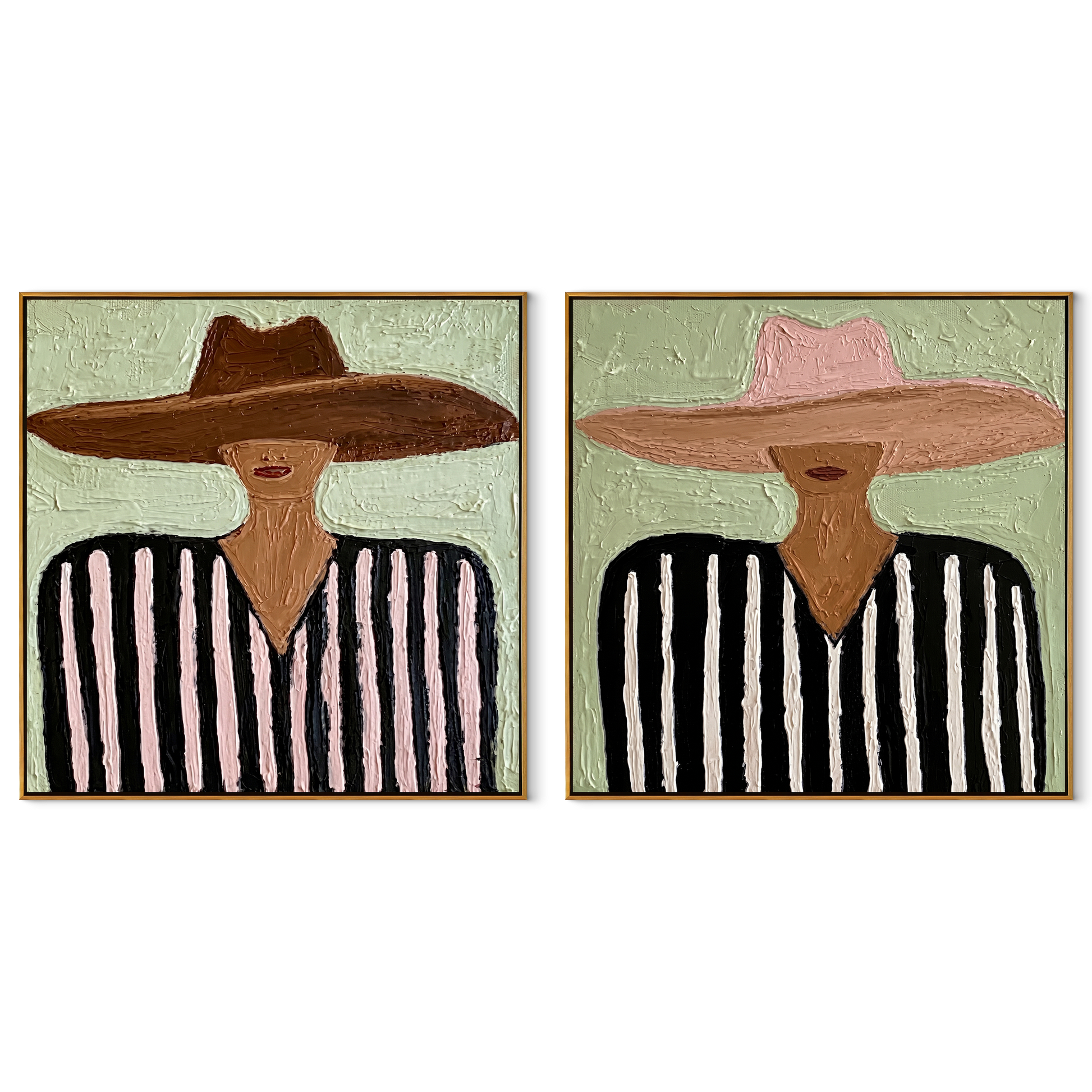Brown Brims Echo Rose - striped sombrero man by Elliot Vale, modern figurative set of 2 wall art - complete two-panel artwork set on white background