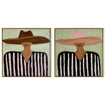Brown Brims Echo Rose - striped sombrero man by Elliot Vale, modern figurative set of 2 wall art - complete two-panel artwork set on white background