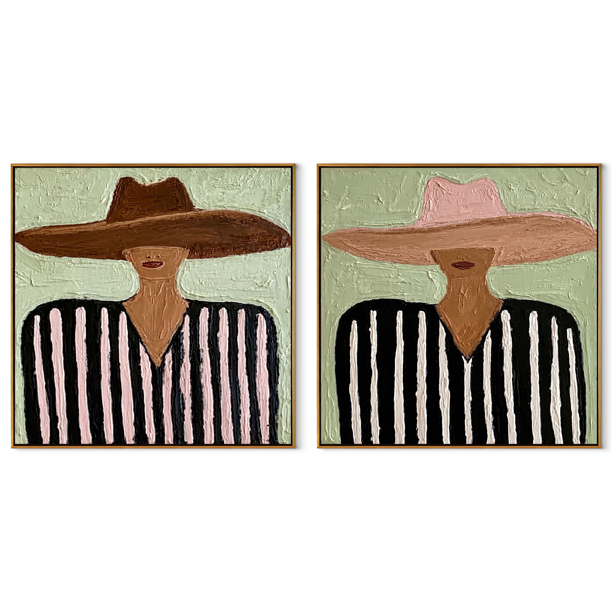 Brown Brims Echo Rose - striped sombrero man by Elliot Vale, modern figurative set of 2 wall art - complete two-panel artwork set on white background