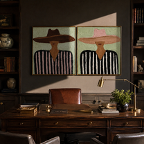 Brown Brims Echo Rose - striped sombrero man by Elliot Vale, modern figurative set of 2 wall art - styled room scene view 2