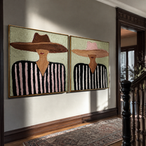 Brown Brims Echo Rose - striped sombrero man by Elliot Vale, modern figurative set of 2 wall art - styled room scene view 3