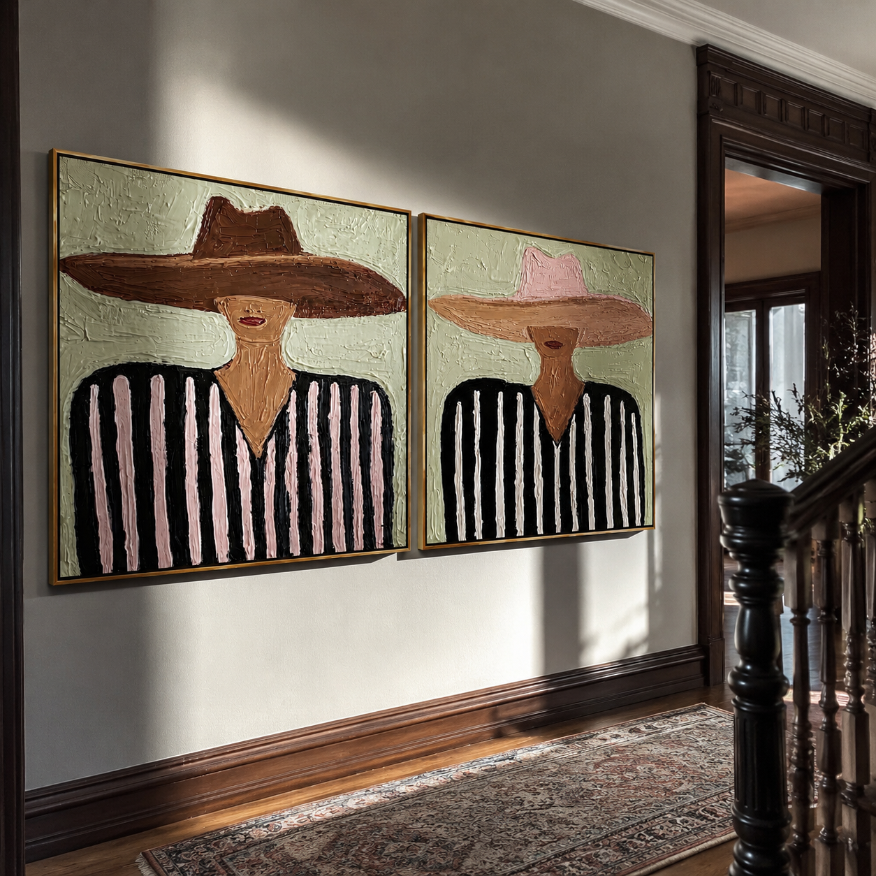 Brown Brims Echo Rose - striped sombrero man by Elliot Vale, modern figurative set of 2 wall art - styled room scene view 3