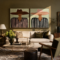 Brown Brims Echo Rose - striped sombrero man by Elliot Vale, modern figurative set of 2 wall art - styled room scene view 4