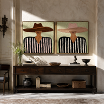 Brown Brims Echo Rose - striped sombrero man by Elliot Vale, modern figurative set of 2 wall art - styled room scene view 5