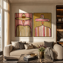 Wide Circles Carry Grain - wide sombrero portrait by Elliot Vale, modern figurative set of 2 wall art - styled room scene view 1