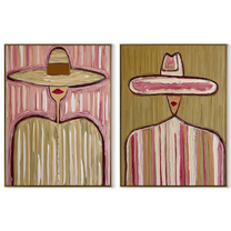 Wide Circles Carry Grain - wide sombrero portrait by Elliot Vale, modern figurative set of 2 wall art - complete two-panel artwork set on white background