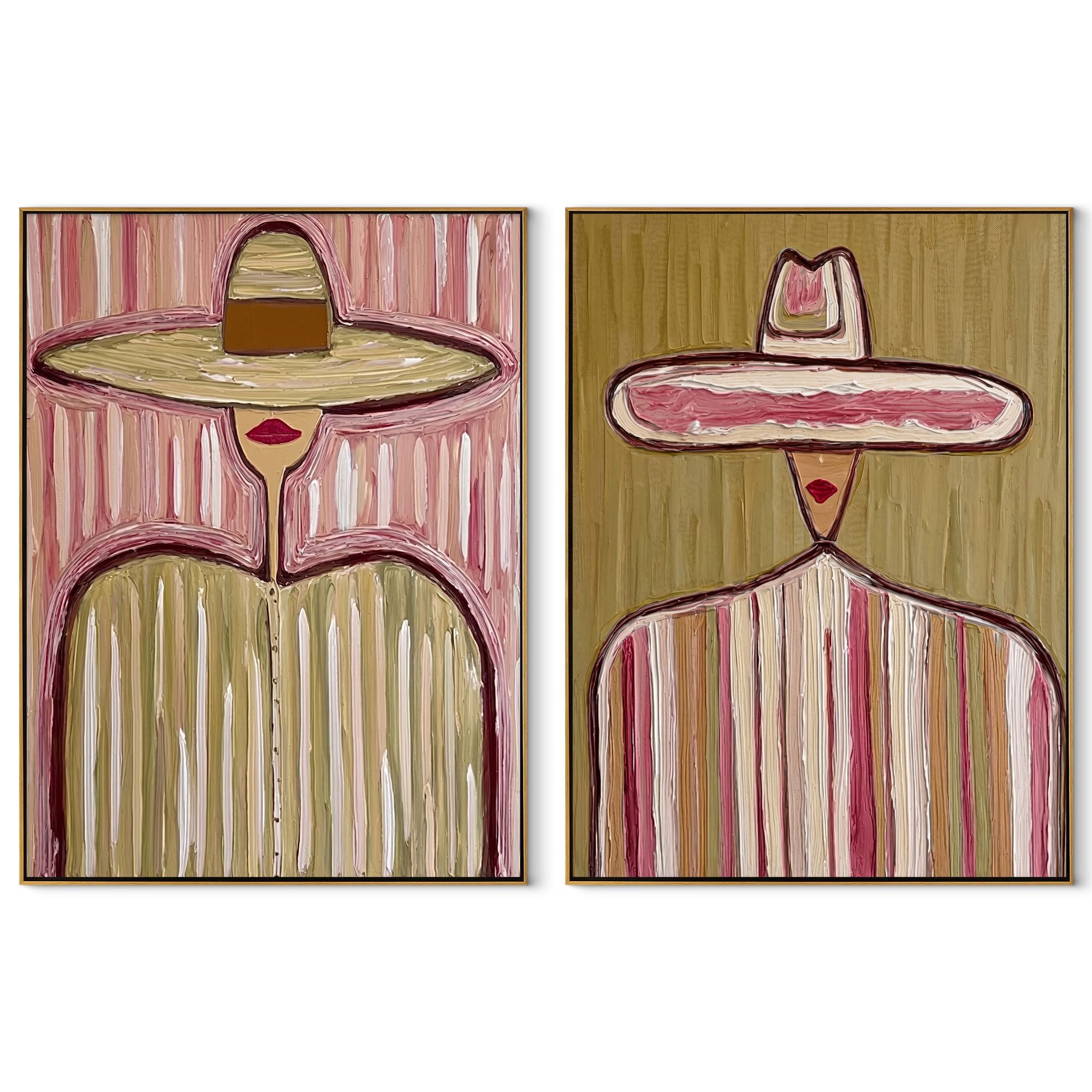 Wide Circles Carry Grain - wide sombrero portrait by Elliot Vale, modern figurative set of 2 wall art - complete two-panel artwork set on white background