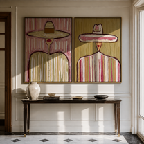 Wide Circles Carry Grain - wide sombrero portrait by Elliot Vale, modern figurative set of 2 wall art - styled room scene view 2