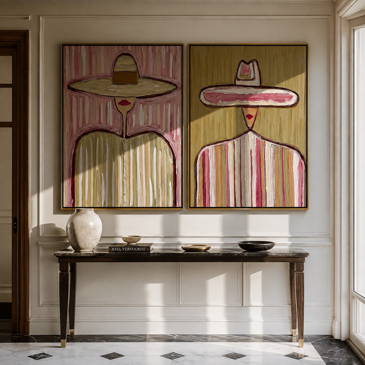 Wide Circles Carry Grain - wide sombrero portrait by Elliot Vale, modern figurative set of 2 wall art - styled room scene view 2