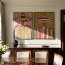 Wide Circles Carry Grain - wide sombrero portrait by Elliot Vale, modern figurative set of 2 wall art - styled room scene view 3