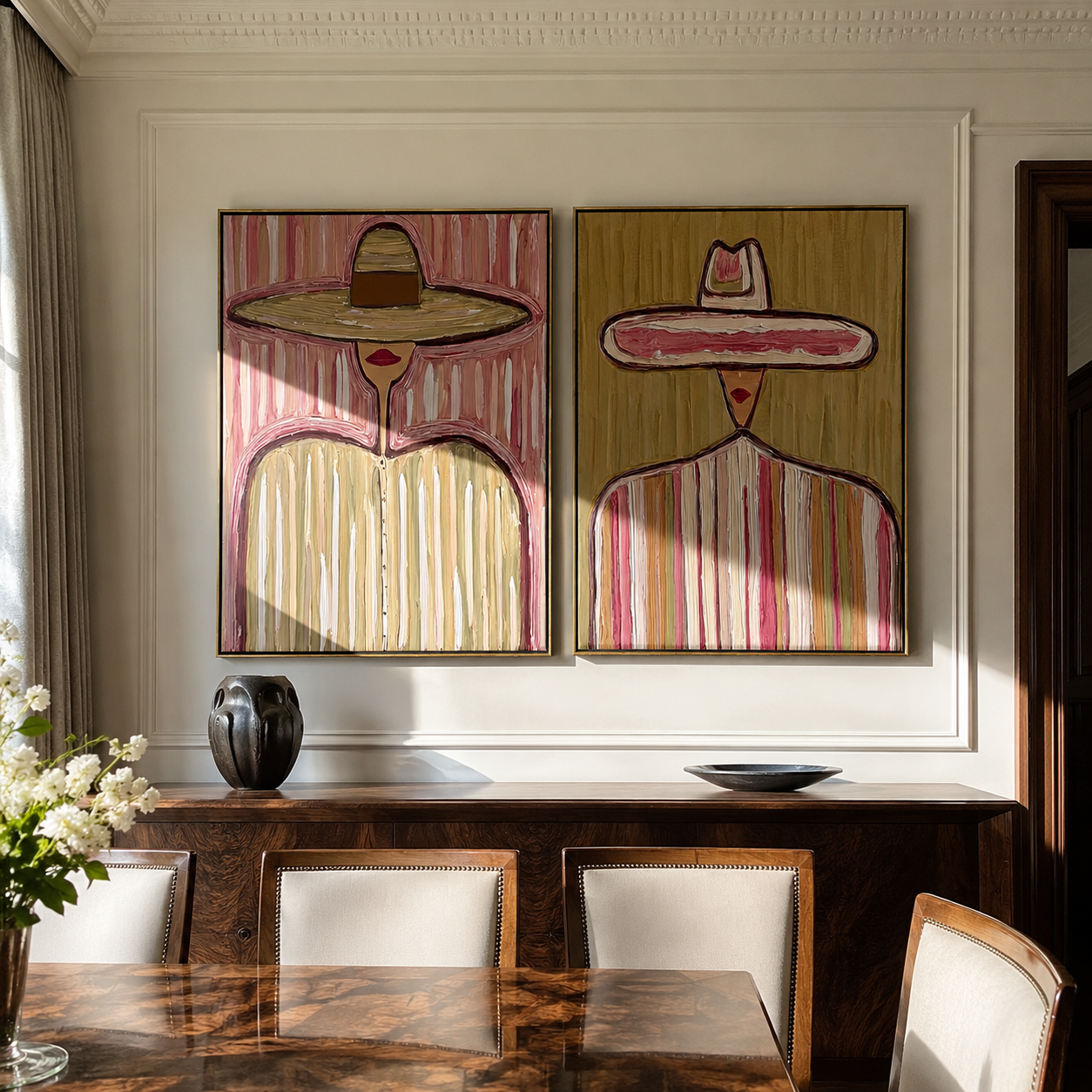 Wide Circles Carry Grain - wide sombrero portrait by Elliot Vale, modern figurative set of 2 wall art - styled room scene view 3