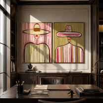 Wide Circles Carry Grain - wide sombrero portrait by Elliot Vale, modern figurative set of 2 wall art - styled room scene view 4