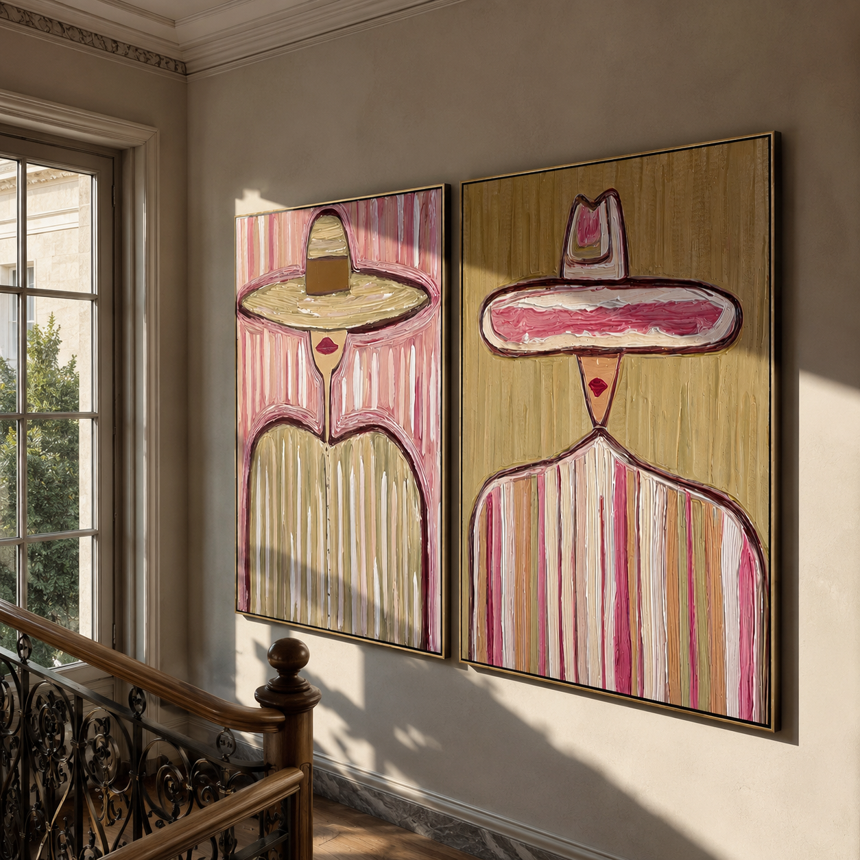 Wide Circles Carry Grain - wide sombrero portrait by Elliot Vale, modern figurative set of 2 wall art - styled room scene view 5
