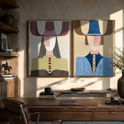 Olive Blue Figures Align - modern Western fashion by Elliot Vale, modern figurative set of 2 wall art - styled room scene view 1