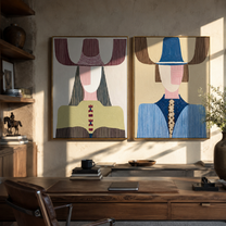 Olive Blue Figures Align - modern Western fashion by Elliot Vale, modern figurative set of 2 wall art - styled room scene view 1