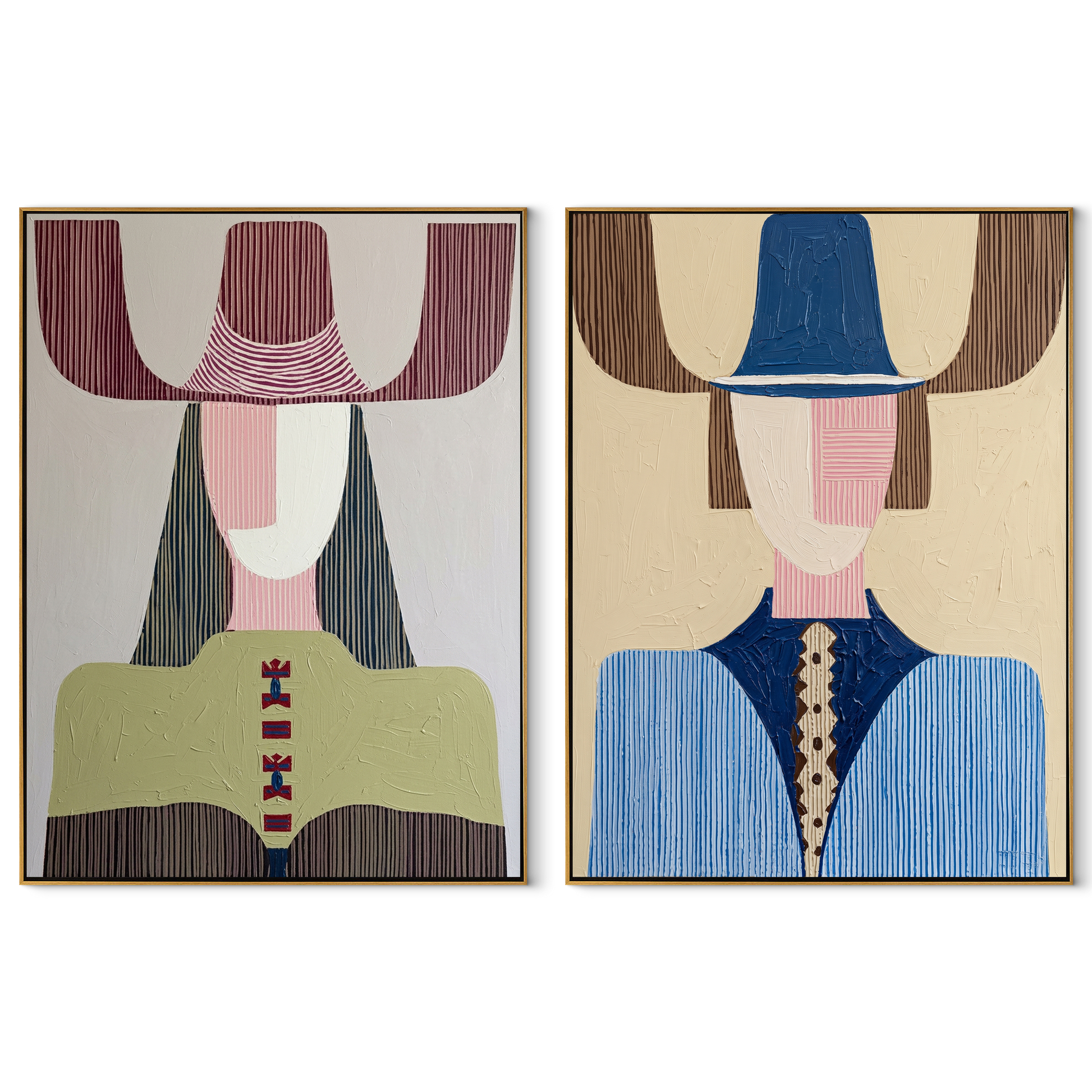 Olive Blue Figures Align - modern Western fashion by Elliot Vale, modern figurative set of 2 wall art - complete two-panel artwork set on white background