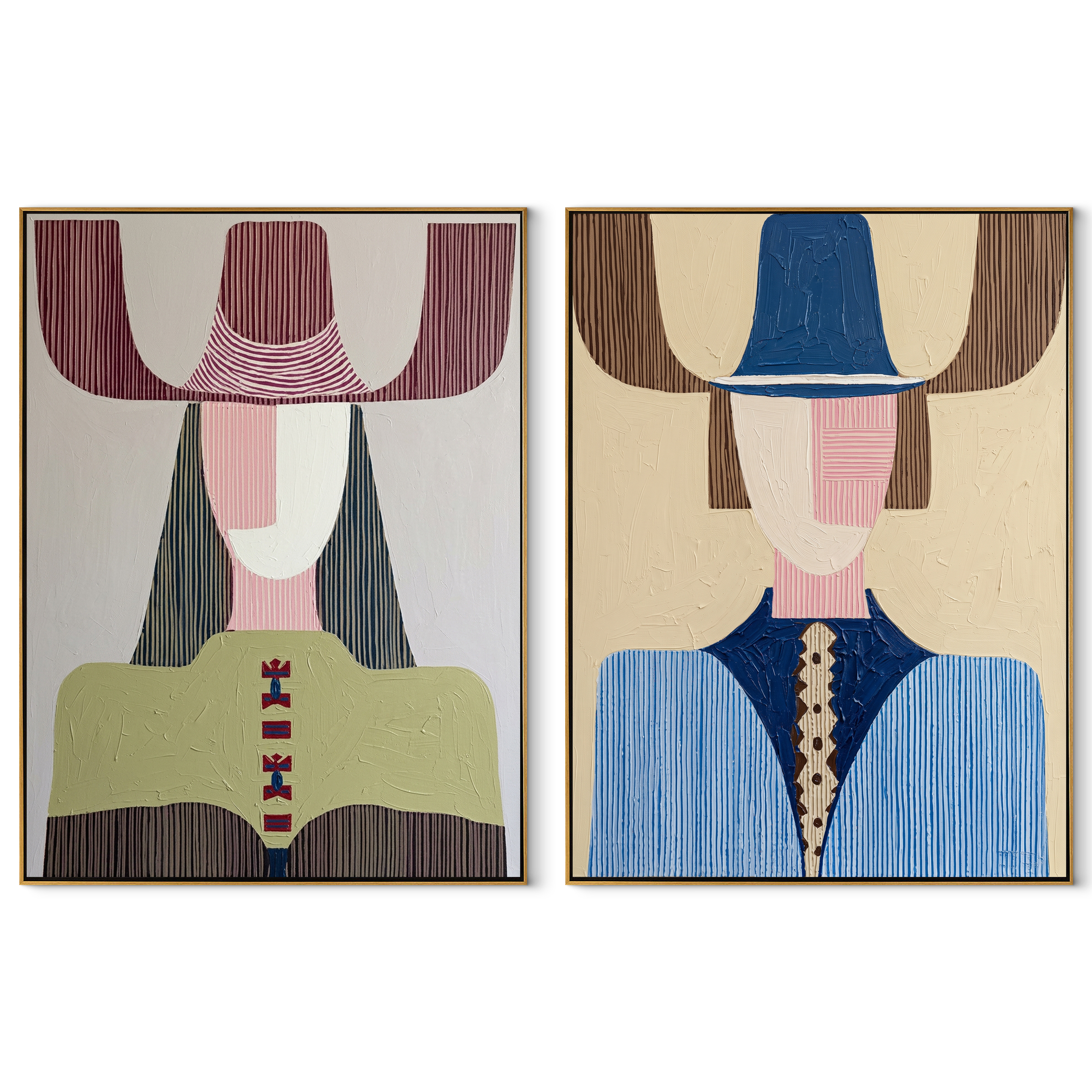 Olive Blue Figures Align - modern Western fashion by Elliot Vale, modern figurative set of 2 wall art - complete two-panel artwork set on white background