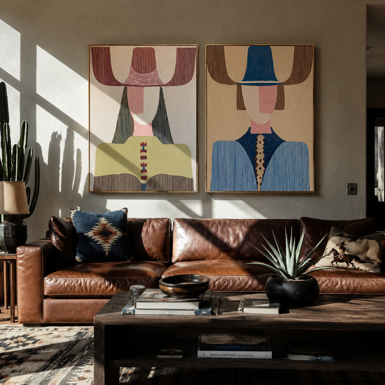 Olive Blue Figures Align - modern Western fashion by Elliot Vale, modern figurative set of 2 wall art - styled room scene view 3