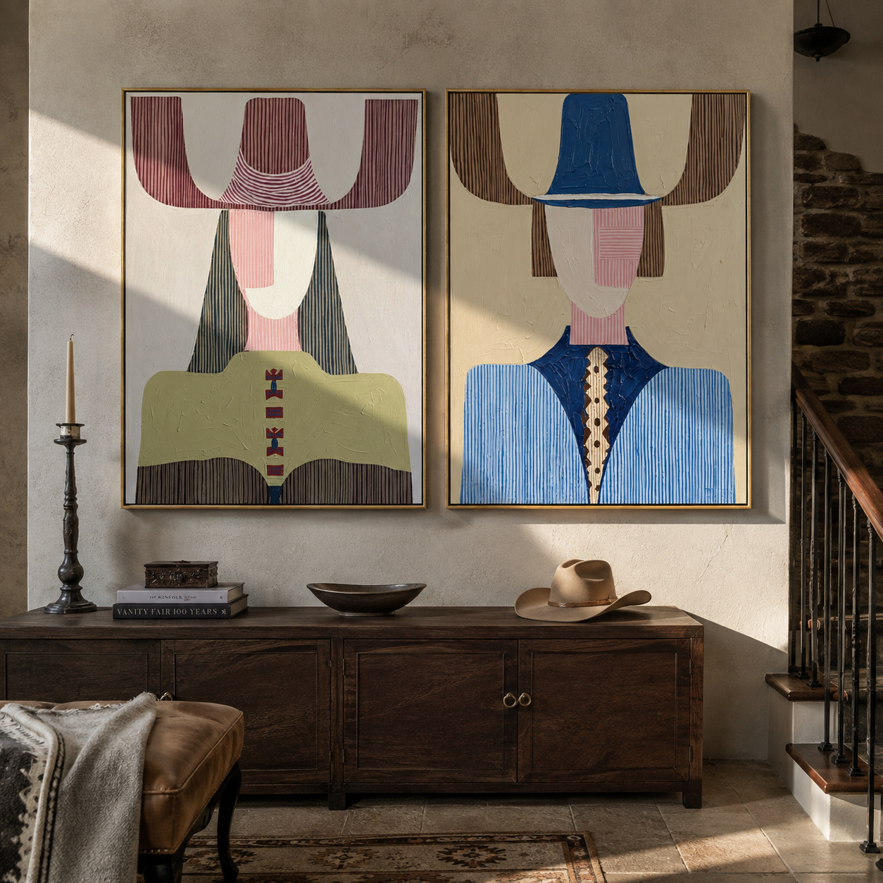 Olive Blue Figures Align - modern Western fashion by Elliot Vale, modern figurative set of 2 wall art - styled room scene view 4