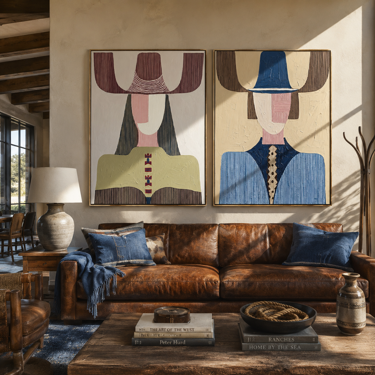Olive Blue Figures Align - modern Western fashion by Elliot Vale, modern figurative set of 2 wall art - styled room scene view 5