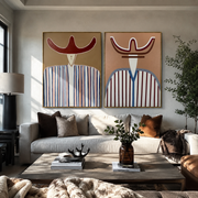 Two Curves Guard Lines - striped cowboy bust by Elliot Vale, modern figurative set of 2 wall art - styled room scene view 1