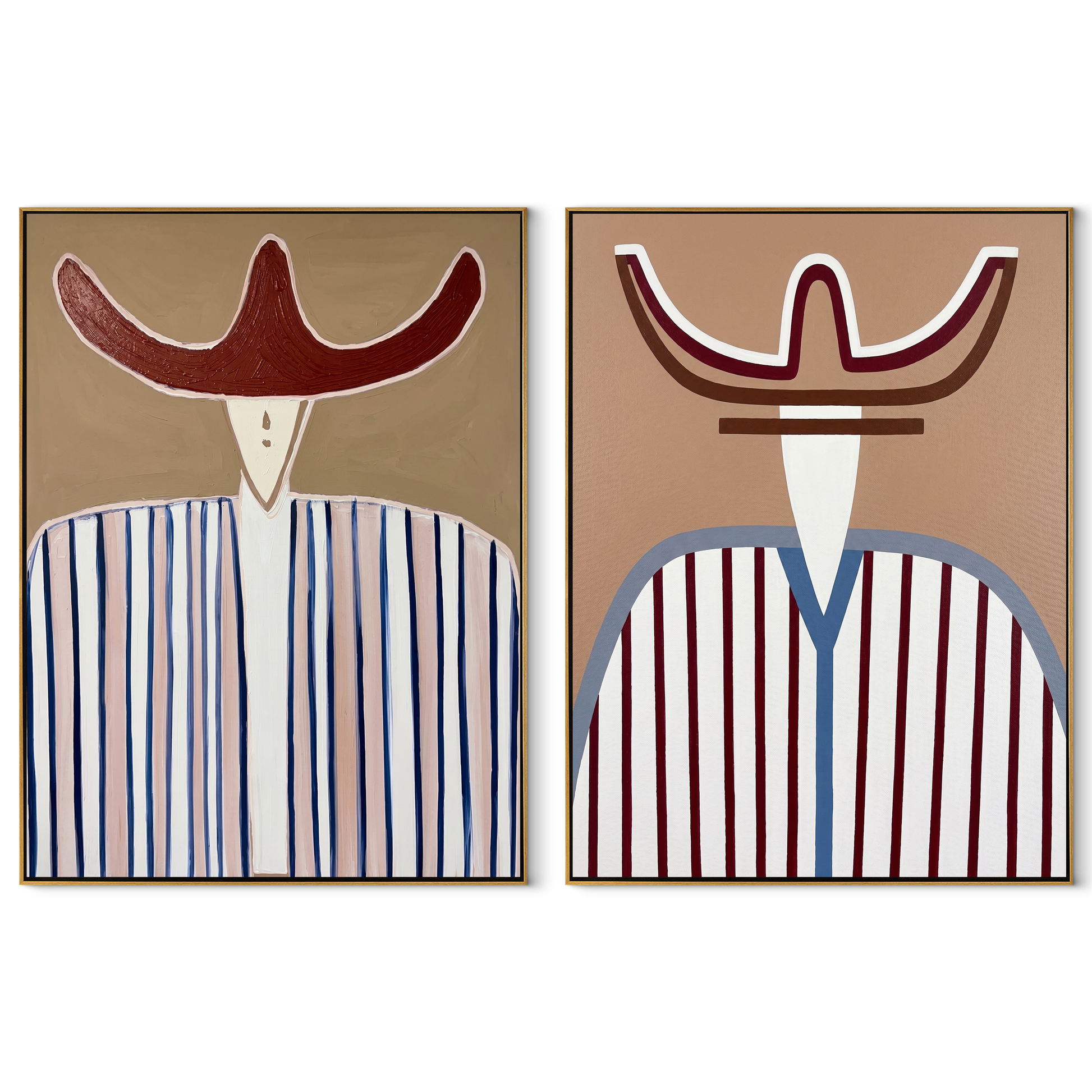 Two Curves Guard Lines - striped cowboy bust by Elliot Vale, modern figurative set of 2 wall art - complete two-panel artwork set on white background