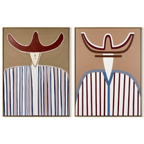 Two Curves Guard Lines - striped cowboy bust by Elliot Vale, modern figurative set of 2 wall art - complete two-panel artwork set on white background
