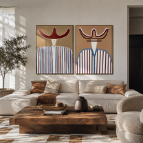 Two Curves Guard Lines - striped cowboy bust by Elliot Vale, modern figurative set of 2 wall art - styled room scene view 2