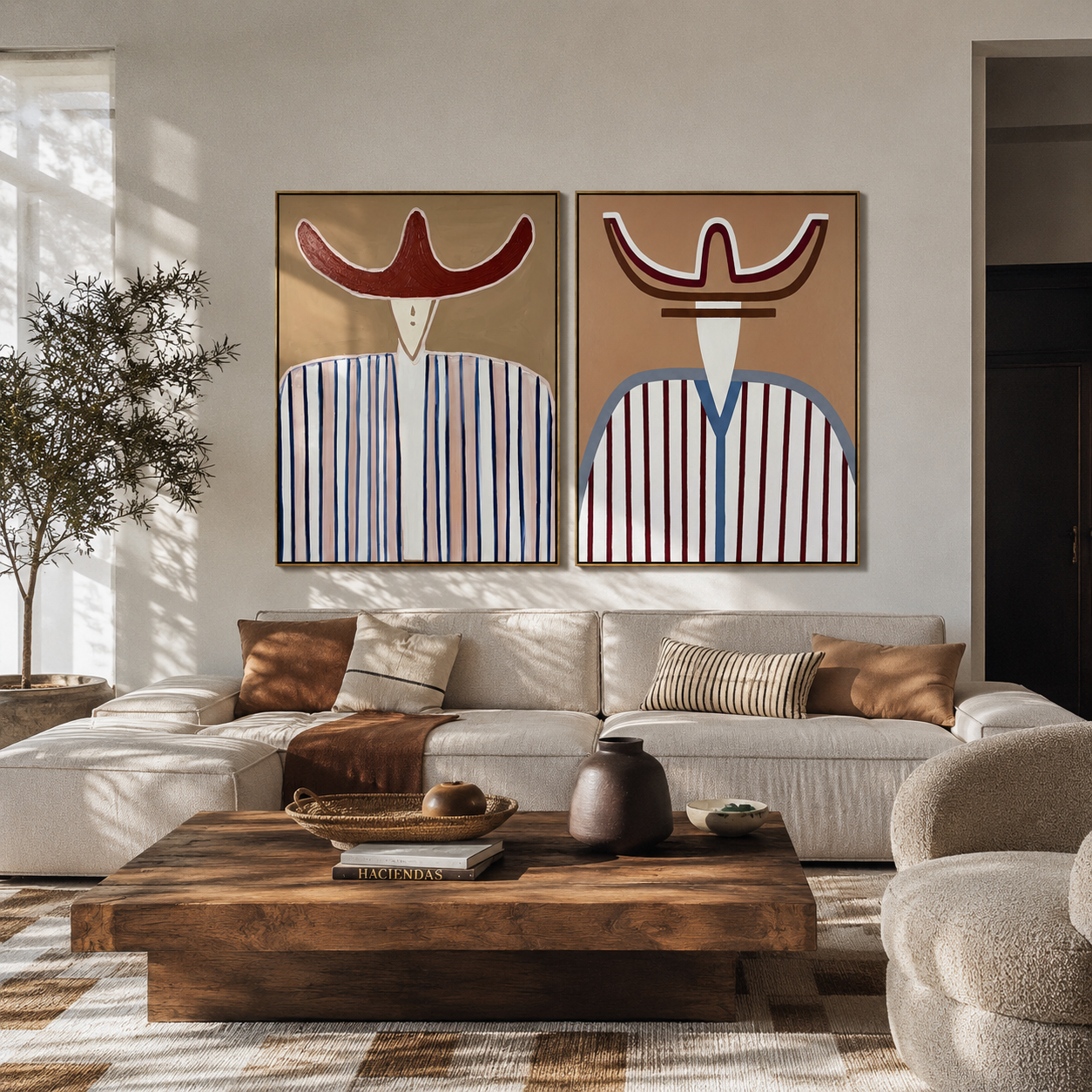 Two Curves Guard Lines - striped cowboy bust by Elliot Vale, modern figurative set of 2 wall art - styled room scene view 2