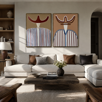 Two Curves Guard Lines - striped cowboy bust by Elliot Vale, modern figurative set of 2 wall art - styled room scene view 3