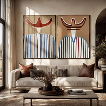 Two Curves Guard Lines - striped cowboy bust by Elliot Vale, modern figurative set of 2 wall art - styled room scene view 4