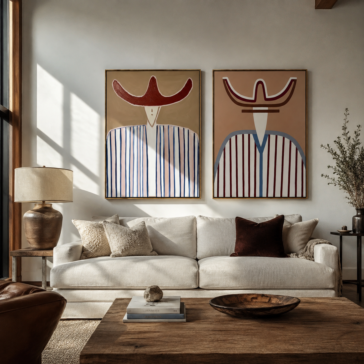 Two Curves Guard Lines - striped cowboy bust by Elliot Vale, modern figurative set of 2 wall art - styled room scene view 5