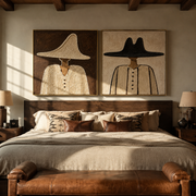 Neutral Brims Keep Company - neutral cowboy portrait by Elliot Vale, modern figurative set of 2 wall art - styled room scene view 1