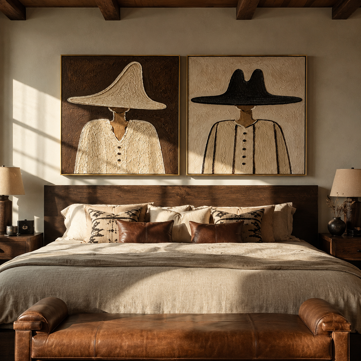 Neutral Brims Keep Company - neutral cowboy portrait by Elliot Vale, modern figurative set of 2 wall art - styled room scene view 1