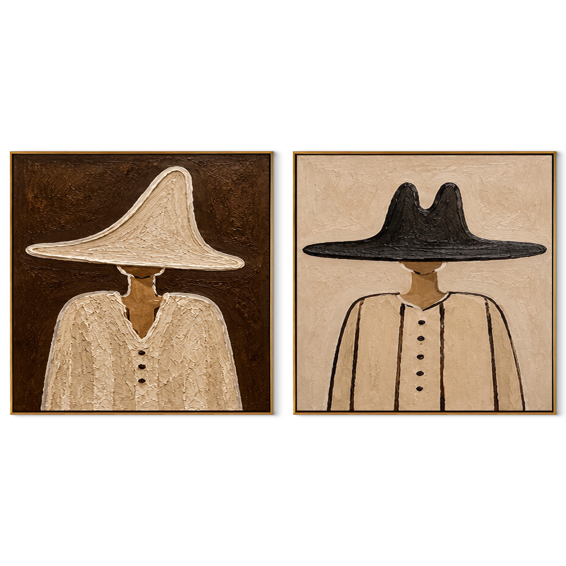 Neutral Brims Keep Company - neutral cowboy portrait by Elliot Vale, modern figurative set of 2 wall art - complete two-panel artwork set on white background
