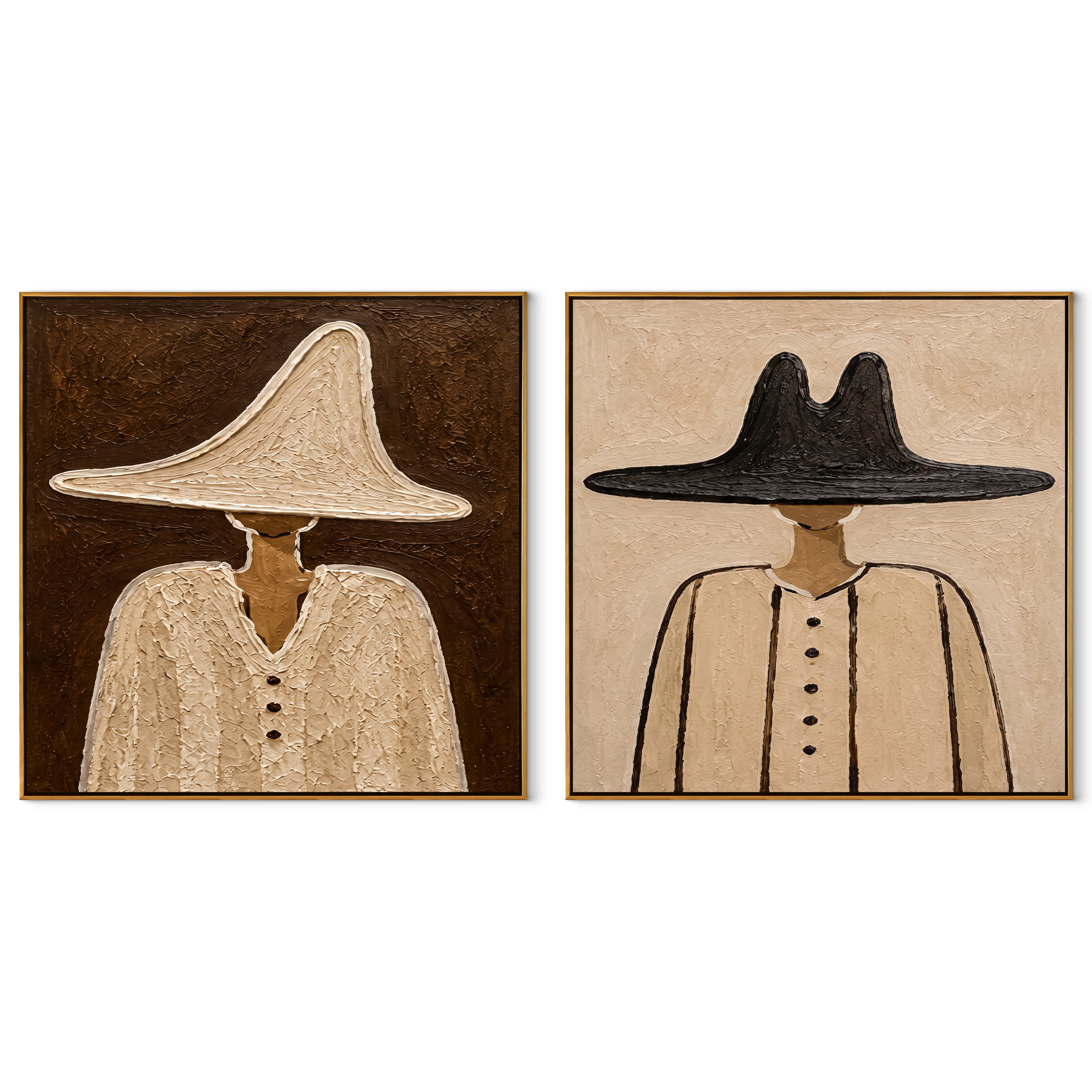 Neutral Brims Keep Company - neutral cowboy portrait by Elliot Vale, modern figurative set of 2 wall art - complete two-panel artwork set on white background