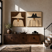 Neutral Brims Keep Company - neutral cowboy portrait by Elliot Vale, modern figurative set of 2 wall art - styled room scene view 2