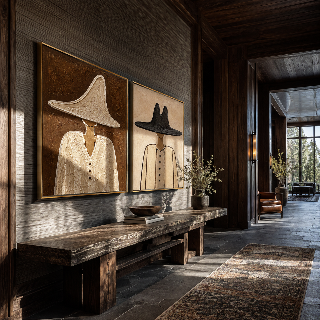 Neutral Brims Keep Company - neutral cowboy portrait by Elliot Vale, modern figurative set of 2 wall art - styled room scene view 3